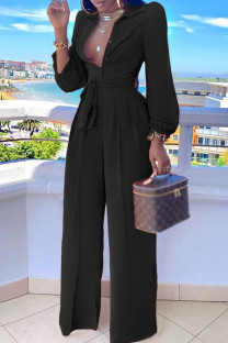 Black Casual Solid Color Patchwork Strap Design Turndown Collar Regular Jumpsuits