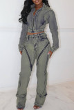 Blue Casual Solid Color Patchwork Zipper Regular Denim Jeans