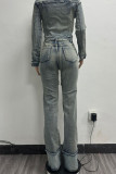 Blue Casual Solid Color Patchwork Zipper Regular Denim Jeans