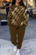 Coffee Casual Sportswear Letter Print Draw String Pocket Contrast O Neck Long Sleeve Two Pieces