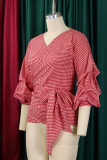 Red Casual Plaid Patchwork Strap Design Deep V Neck Tops