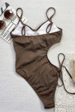 Coffee Sexy Solid Color Hollow Out Ruched Swimwears
