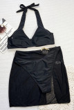 Black Sexy Solid Color Backless 3 Piece Sets