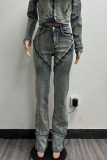 Blue Casual Solid Color Patchwork Zipper Regular Denim Jeans