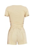 Khaki Casual Solid Color Basic Square Neck Short Sleeve Two Pieces