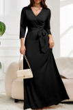Black Casual Solid Color Patchwork Strap Design V Neck Long Plus Size Dresses
