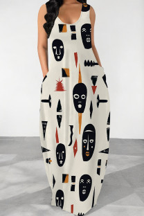 Black And White Casual Print Pocket Patchwork O Neck Long Dresses