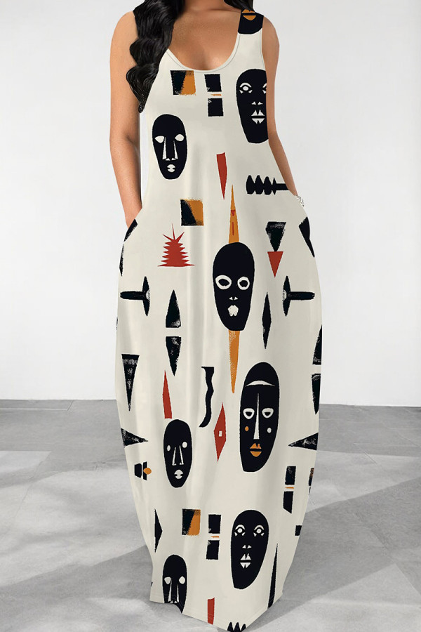 Black And White Casual Print Pocket Patchwork O Neck Long Dresses