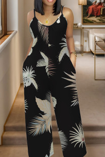 Black Casual Print Pocket Patchwork Spaghetti Strap Plus Size Jumpsuits