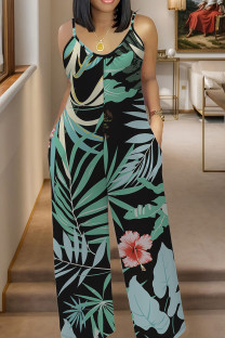 Black Green Casual Print Pocket Patchwork Spaghetti Strap Plus Size Jumpsuits