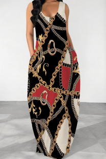 Black Red Casual Print Pocket Patchwork O Neck Long Dresses
