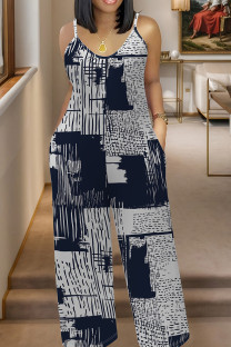 Dark Blue Casual Print Pocket Patchwork Spaghetti Strap Plus Size Jumpsuits