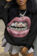 Black Casual Lips Print O Neck Tops