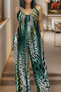 Green Casual Print Pocket Patchwork Spaghetti Strap Plus Size Jumpsuits
