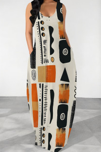 Orange Casual Print Pocket Patchwork O Neck Long Dresses