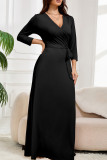 Black Casual Solid Color Patchwork Strap Design V Neck Long Plus Size Dresses