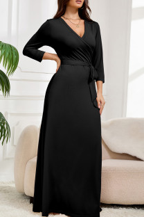Black Casual Solid Color Patchwork Strap Design V Neck Long Plus Size Dresses