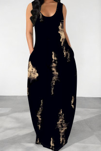Black Casual Print Pocket Patchwork O Neck Long Dresses