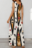 White Red Casual Print Pocket Patchwork O Neck Long Dresses
