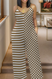 Khaki Casual Print Pocket Patchwork Spaghetti Strap Plus Size Jumpsuits