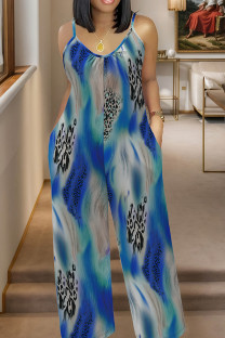 Blue Casual Print Pocket Patchwork Spaghetti Strap Plus Size Jumpsuits