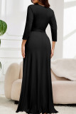Black Casual Solid Color Patchwork Strap Design V Neck Long Plus Size Dresses