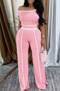 Pink Casual Patchwork Contrast Oblique Collar Short Sleeve Two Pieces