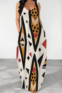Yellow White Casual Print Pocket Patchwork O Neck Long Dresses