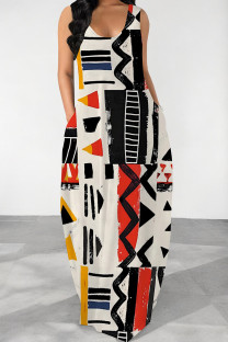 White Red Casual Print Pocket Patchwork O Neck Long Dresses