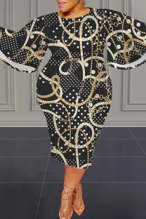 Black Gold Casual Print Patchwork O Neck Long Plus Size Dresses