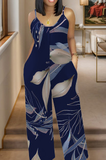Royal Blue Casual Print Pocket Patchwork Spaghetti Strap Plus Size Jumpsuits