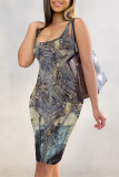 The cowboy blue Sexy Faux Denim Print Distressed U Neck Printed Dresses