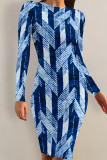 Blue Casual Faux Denim Print Distressed O Neck Printed Dresses