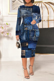 Blue Orange Casual Faux Denim Print Contrast O Neck Printed Dresses