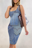 Blue Gray Sexy Faux Denim Print Distressed Contrast U Neck Printed Dresses