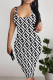 Black And White Sexy Letter Print Contrast U Neck Printed Dresses
