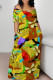 Brown Casual Butterfly Letter Print Flowers Pocket Contrast V Neck Printed Dresses
