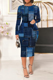 Blue Orange Casual Faux Denim Print Contrast O Neck Printed Dresses