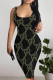 Black Green Sexy Letter Print Contrast U Neck Printed Dresses