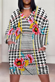 Pink Casual Plaid Floral Print Pocket Contrast V Neck Printed Plus Size Dresses