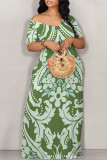 Green Sexy National Totem Geometric Print Flowers Contrast V Neck Printed Dresses