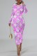 Pink Elegant Letter Print Gradient Contrast O Neck Printed Dresses