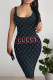 Deep Blue Sexy Letter Print Contrast U Neck Printed Dresses