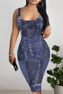 Dark Blue Sexy Faux Denim Print Distressed Contrast U Neck Printed Dresses