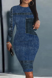Blue Casual Faux Denim Print Distressed O Neck Printed Dresses