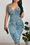 Blue Gray Sexy Faux Denim Print Distressed Contrast U Neck Printed Dresses
