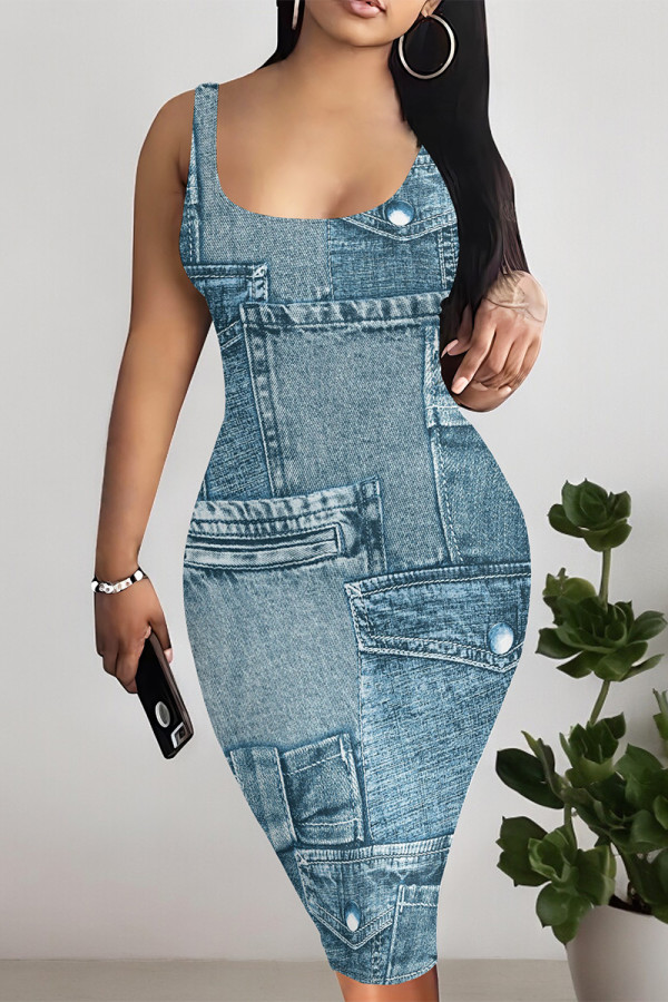 Blue Sexy Faux Denim Print Distressed Contrast U Neck Printed Dresses
