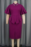 Fuchsia Elegant Solid Color Patchwork Slit Ruffled Trim Turndown Collar Wrapped Skirt Dresses