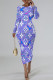Purple Elegant Letter Print Gradient Contrast O Neck Printed Dresses