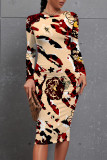 Cream White Casual Floral Print Leopard Contrast O Neck Printed Dresses